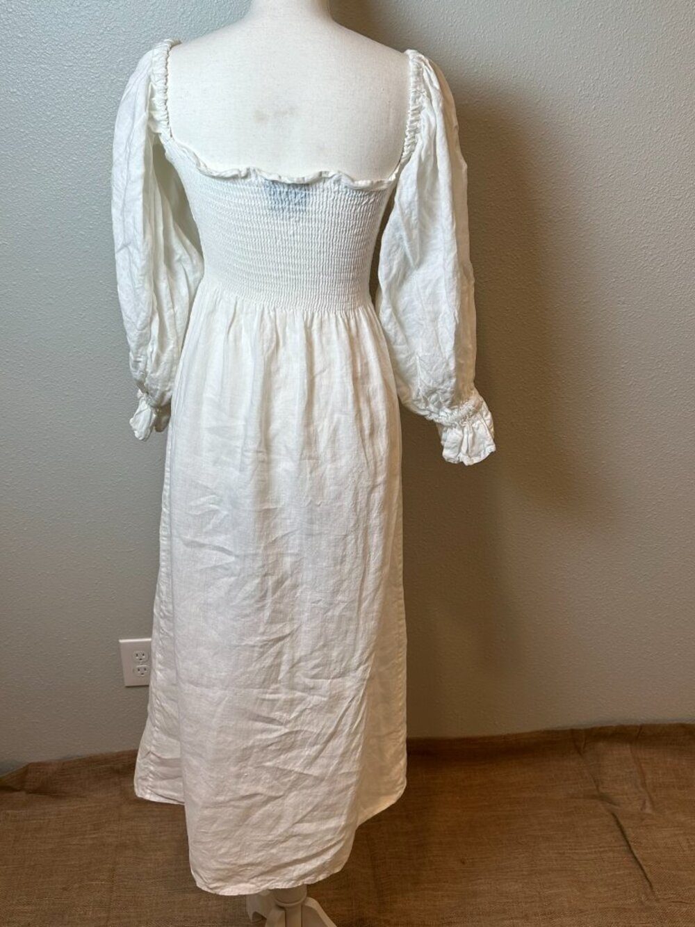 Sleeper Atlanta White Linen Dress Smocked Puff Sleeve Cottagecore Boho Bridal S - Picture 5 of 10